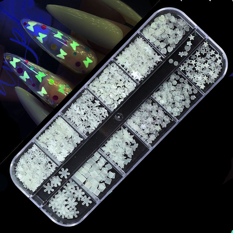 FFMB004 Hot selling nail art sequins love, laser magic butterfly fluorescent luminous sequins boxed