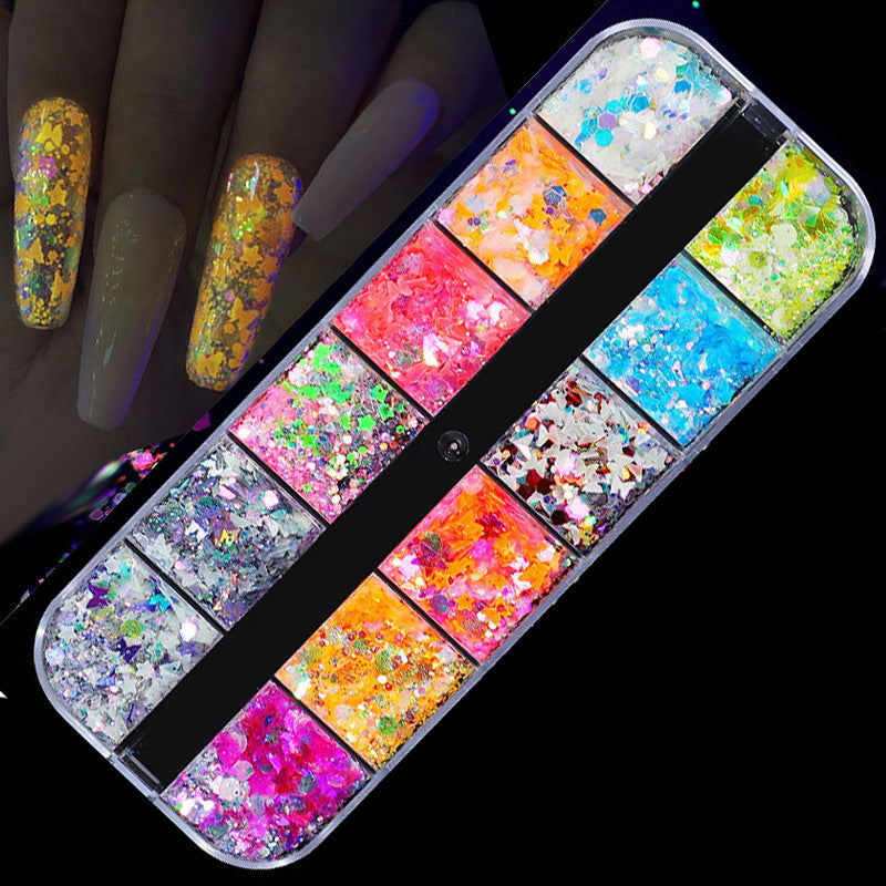 FFMB004 Hot selling nail art sequins love, laser magic butterfly fluorescent luminous sequins boxed