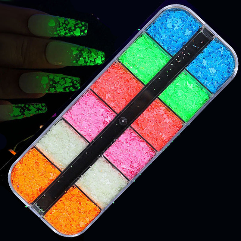 FFMB004 Hot selling nail art sequins love, laser magic butterfly fluorescent luminous sequins boxed