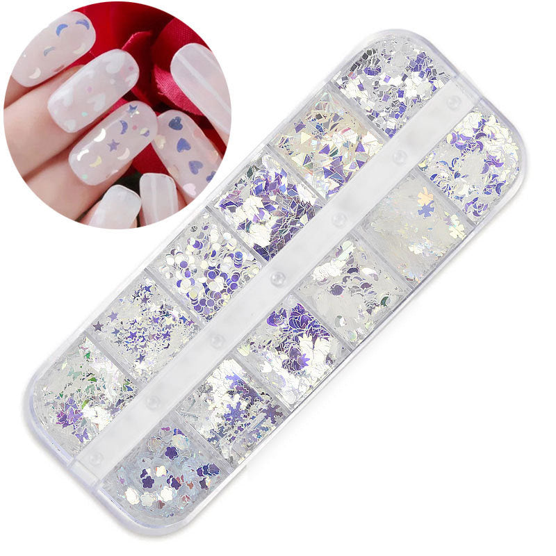 FFMB004 Hot selling nail art sequins love, laser magic butterfly fluorescent luminous sequins boxed